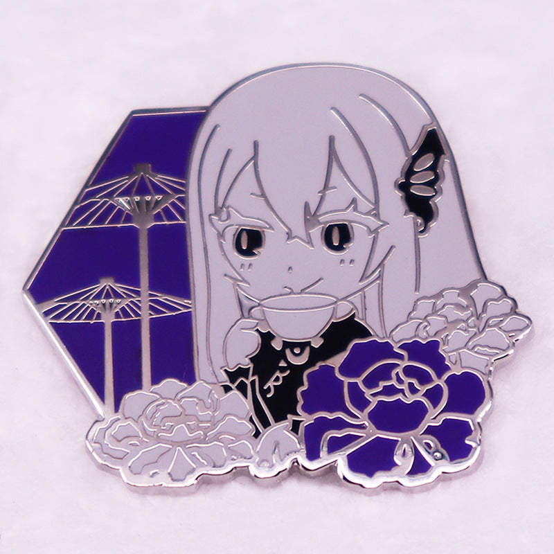 Anime Girl Floral Enamel Pin - Purple Gothic Brooch